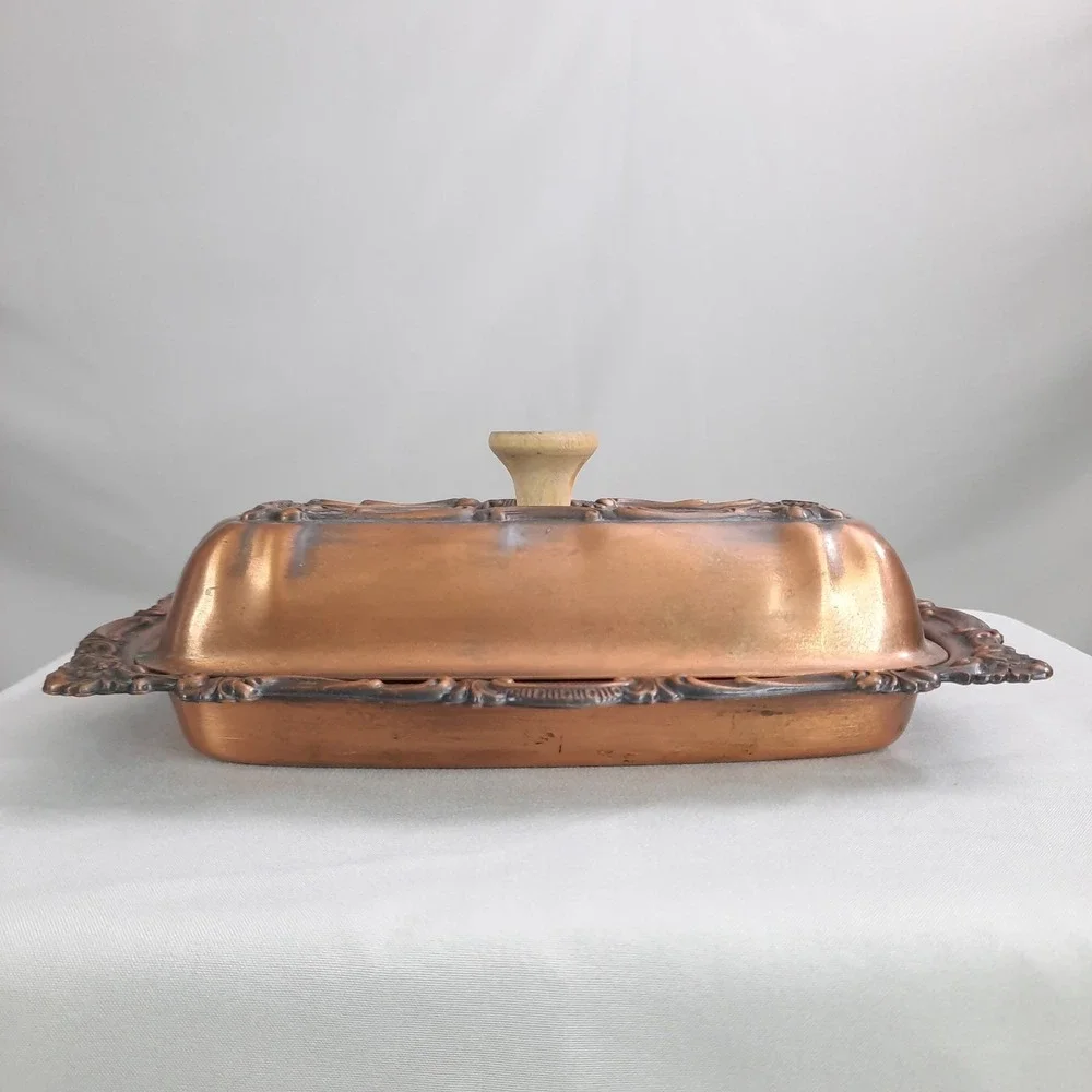 Vintage Copper Covered Butter Dish with Glass Insert Lid Ornate Cottagecore